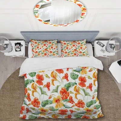 Design Art Orange And Yellow Flowers - Floral Duvet Cover Set - Microfiber Polyester In Orange,green,white