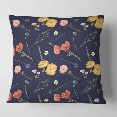Design Art Orange And Yellow Wild Flowers On Dark Blue - Traditional Printed Throw Pillow