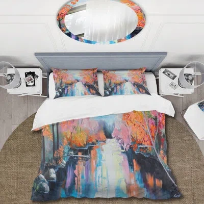 Design Art Orange Autumn Forest By The River - Lake House Duvet Cover Set - Microfiber Polyester In Orange,blue