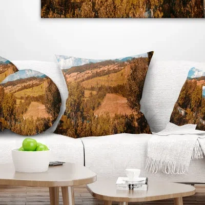 Design Art Orange Autumn Mountains Tuscany - Landscape Printed Pillow In White;green