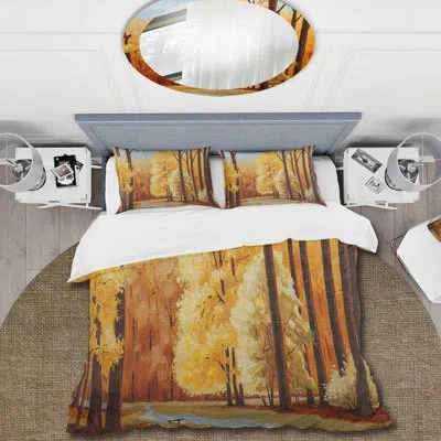 Design Art Orange Autumn Trees At Dawn - Farmhouse Duvet Cover Set - Microfiber Polyester In Yellow