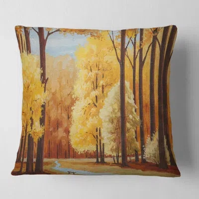 Design Art Orange Autumn Trees At Dawn - Farmhouse Printed Pillow In Yellow