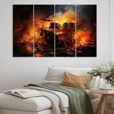 Design Art Orange Black Fire Drums Tools Music I - Music Metal Wall Decor Set In Black;orange