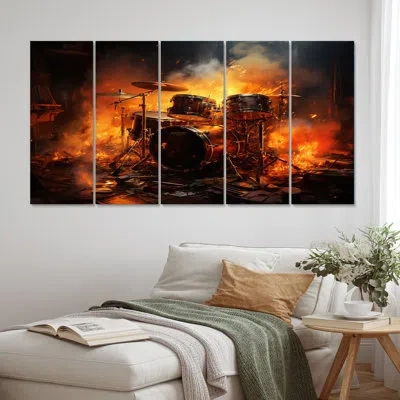 Design Art Orange Black Fire Drums Tools Music I - Music Metal Wall Decor Set In Black;orange