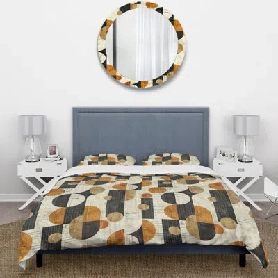 Design Art Orange Black Midcentury Geometric Shapes Iii - Midcentury Duvet Cover Set In Black;orange