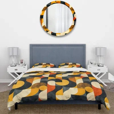 Design Art Orange Black Midcentury Geometric Shapes V - Midcentury Colors Soft Line Duvet Cover Set In Black;orange