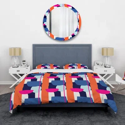 Design Art Orange Blue And Black Abstracts - Mid-century Modern Duvet Cover Set - Microfiber Polyester In Blue;red;pink