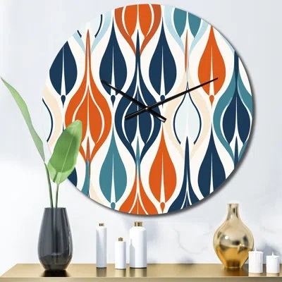 Design Art Orange Blue Botanical Symphony I Metal Wall Clock In Blue;orange