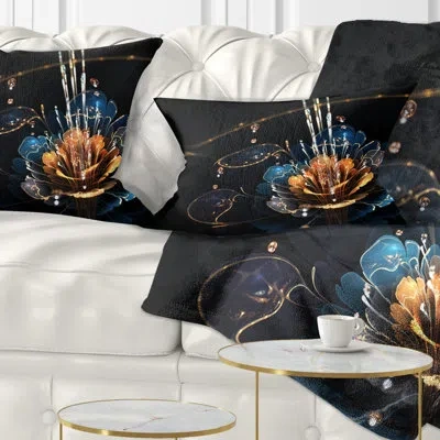 Design Art Orange Blue Flower With Water Drops - Floral Printed Throw Pillow
