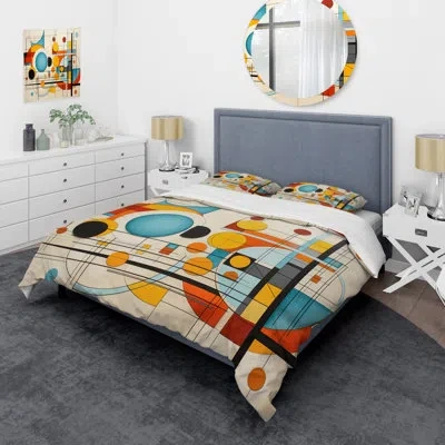 Design Art Orange Blue Mid Century Graphic Geometrics - Abstract Duvet Cover Set - Microfiber Polyester In Blue;orange