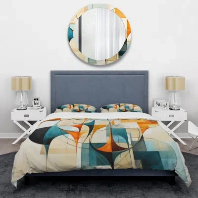 Design Art Orange Blue Mid Century Harmony In Geometry I - Abstract Midcentury Comforter Set 4 Pcs In Blue;orange