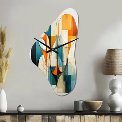 Design Art Orange Blue Mid Century Harmony In Geometry I - Midcentury Modern Asymmetrical Metal Wall Clock, Mod In Blue;orange