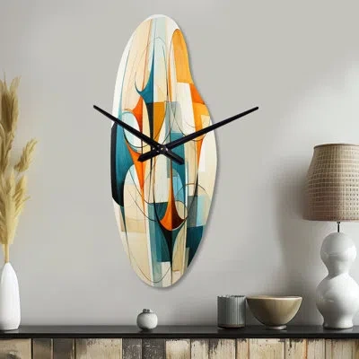 Design Art Orange Blue Mid Century Harmony In Geometry I - Midcentury Modern Unique Shape Metal Wall Clock, Mod In Blue;orange