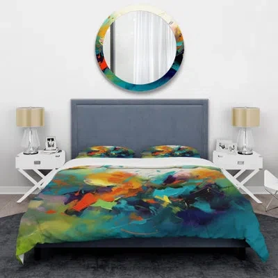 Design Art Orange Blue Transcendent Liquid Ink Ii - Abstract Marble Duvet Cover Set - Microfiber Polyester In Blue;orange