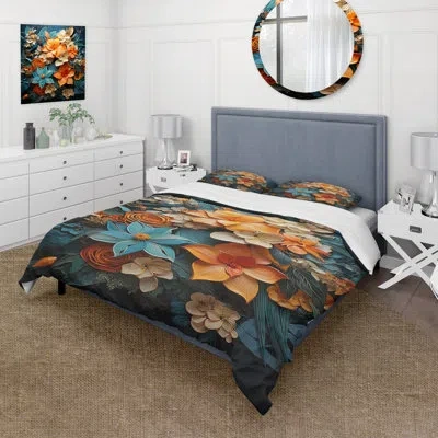 Design Art Orange Blue Tropical Tangle Iii - Abstract Collages Duvet Cover Set - Microfiber Polyester In Blue;orange