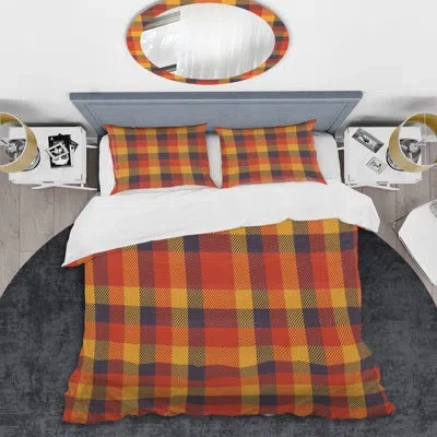 Design Art Orange Checked Tartan - Abstract Duvet Cover Set - Microfiber Polyester In Organe,blue
