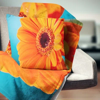 Design Art Orange Daisy Gerbera Flower Close Up - Floral Printed Pillow