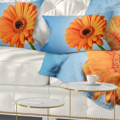 Design Art Orange Daisy Gerbera Flower On Blue - Floral Printed Throw Pillow