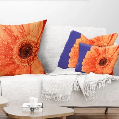 Design Art Orange Daisy On Purple Background - Floral Printed Throw Pillow