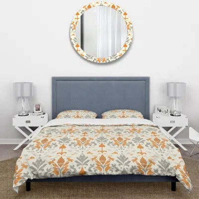 Design Art Orange Damask Print - Country Duvet Cover Set In Gray;orange