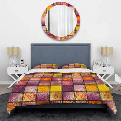 Design Art Orange Denim Patchwork Purple/red/yellow Microfiber Duvet Cover Set In Purple,red,yellow