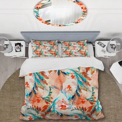 Design Art Orange Digital Flowers Orange Digital Flowers - Cabin & Lodge Duvet Cover Set In Orange,turquoise,white