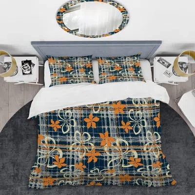 Design Art Orange Flowers Patchwork Duvet Cover Set In Navy,yellow,beige