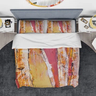 Design Art Orange Glam Natural Wood - Traditional Duvet Cover Set - Microfiber Polyester In Red