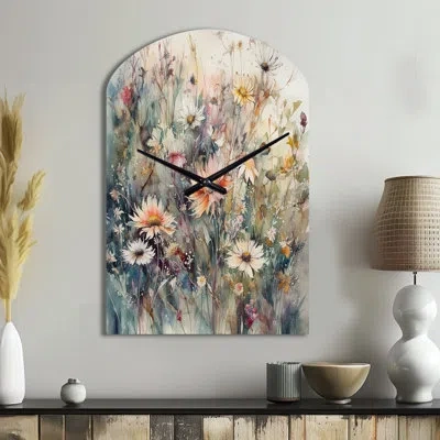 Design Art Orange Green Daisy Tranquility - Daisy Asymmetrical Metal Clock, Traditional Arch Wall Clock Print In Green;orange