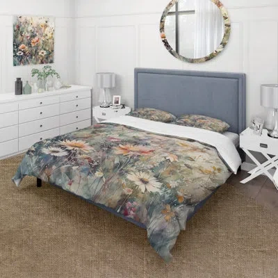 Design Art Orange Green Daisy Tranquility - Daisy Duvet Cover Set - Microfiber Polyester In Green;orange
