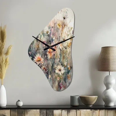 Design Art Orange Green Daisy Tranquility - Daisy Unique Shape Metal Wall Clock, Orange Asymmetrical Clock Prin In Green;orange