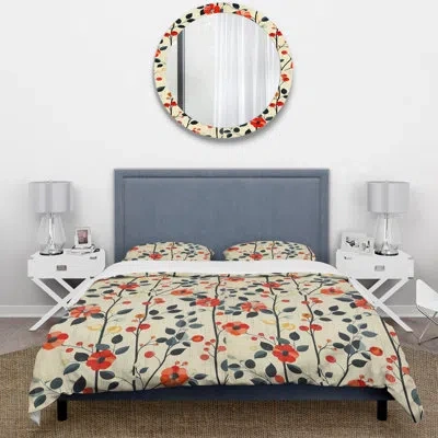 Design Art Orange Green Floral Harmony - Midcentury Duvet Cover Set In Green;orange