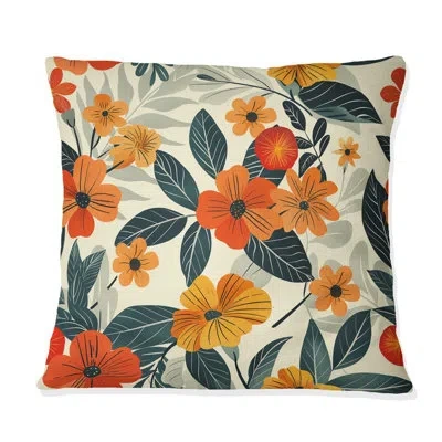 Design Art Orange Green Midcentury Flower Gardens - Midcentury Flowers Throw Pillow In Green;orange