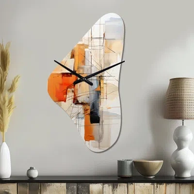 Design Art Orange Grey Line Art Abstract Expressionism - Line Art Asymmetrical Metal Wall Clock, Orange Unique  In Gray;orange