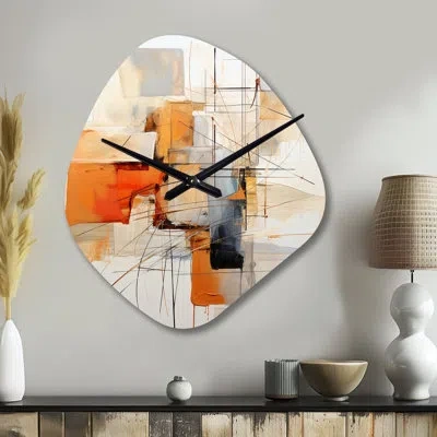 Design Art Orange Grey Line Art Abstract Expressionism - Line Art Irregular Shape Metal Wall Clock, Orange Asym In Gray;orange