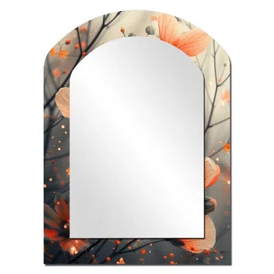 Design Art Orange Grey Sunset Splendor Fairies - Flowers Arch Decorative Mirror, Traditional Asymmetrical Wall  In Gray;orange