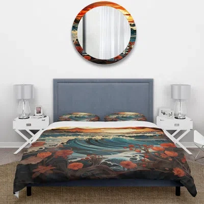 Design Art Orange Japanese Waves In Sunset Blooms 1 - Coastal Sunset Duvet Cover Set In Green;orange