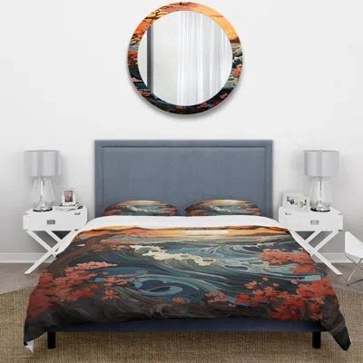 Design Art Orange Japanese Waves In Sunset Blooms 2 - Coastal Sunset Duvet Cover Set In Green;orange