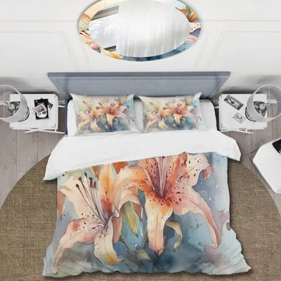 Design Art Orange Lily Symphony I Beddingmicrofiber / Polyester Duvet Cover Set In Blue;orange