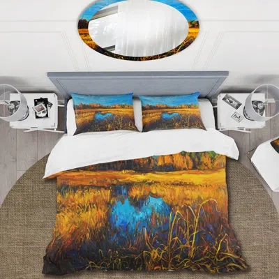 Design Art Orange Meadows Under A Light Blue Sky - Traditional Duvet Cover Set - Microfiber Polyester In Blue,yellow