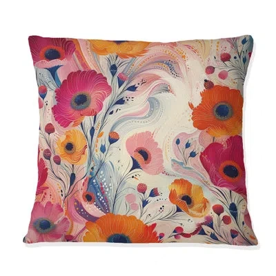 Design Art Orange Pink Floral Fantasy Gardens - Modern Throw Pillow In Pink;orange