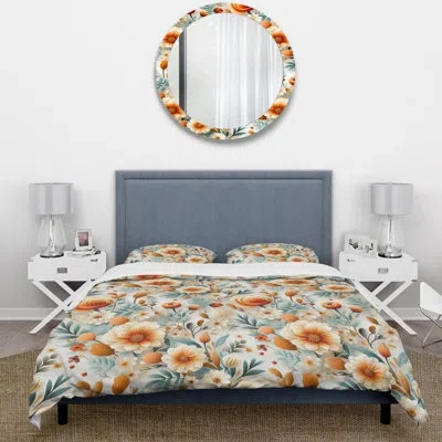 Design Art Orange Poppies Garden Serenety Duvet Cover Set In White;orange