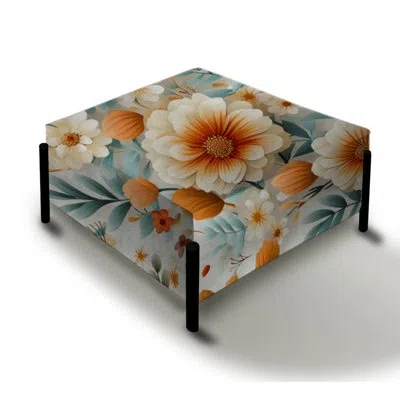 Design Art Orange Poppies Garden Serenety - Floral Large Square Ottoman In White;orange