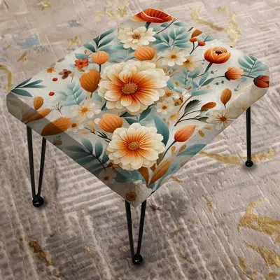 Design Art Orange Poppies Garden Serenety - Floral Rectangle Ottoman In White;orange