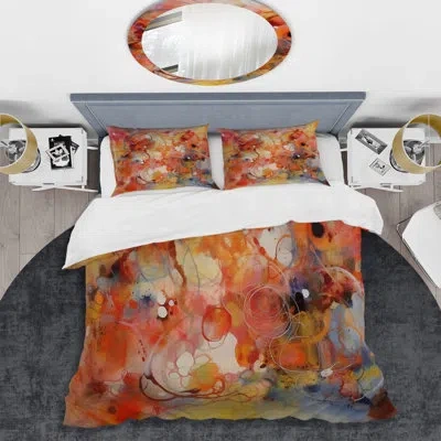Design Art Orange Red Marbled Dreamscape Ii - Abstract Geometric Duvet Cover Set - Microfiber Polyester In Red;orange
