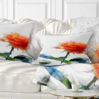 Design Art Orange Rose Flower With Splashes - Floral Printed Throw Pillow