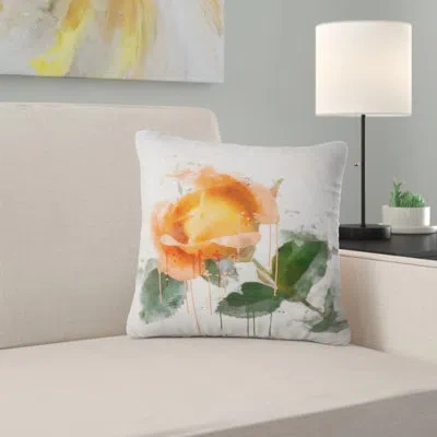Design Art Orange Rose Sketch Watercolor - Floral Printed Throw Pillow