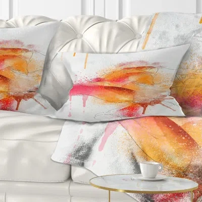 Design Art Orange Rose Watercolor - Floral Printed Throw Pillow