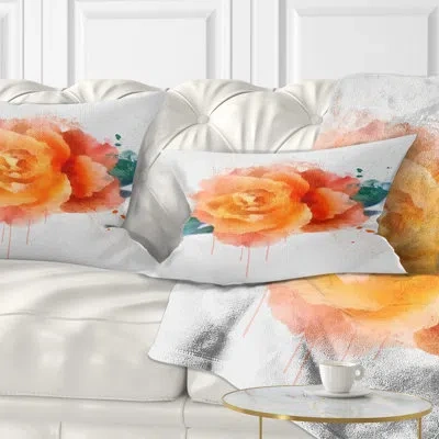 Design Art Orange Rose With Green Leaves - Floral Printed Pillow In Green;orange