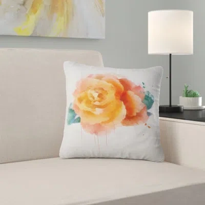 Design Art Orange Rose With Green Leaves - Floral Printed Pillow In Green;orange